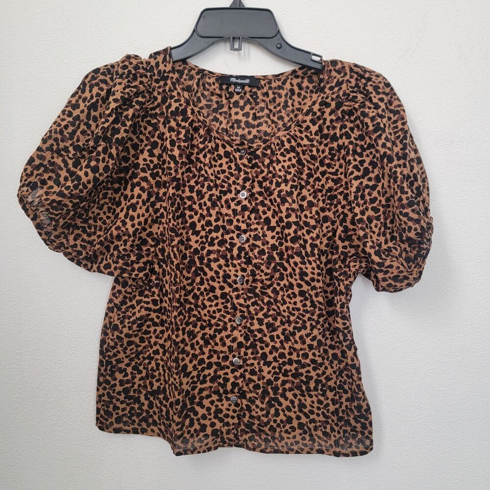 Madewell Leopard Print Balloon Short Puff Sleeve Button Front Sz XS Cotton